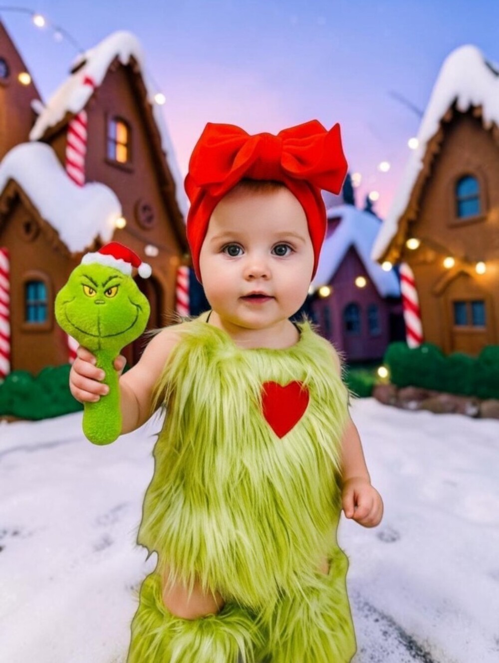 Baby Green Fuzzy Grinch-Style Costume with Red Heart & Headband, 0-6 mos